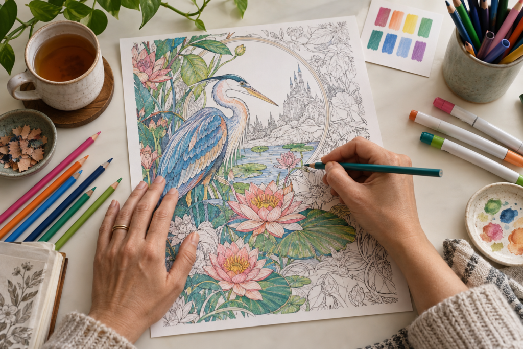 Adult hands colouring a detailed botanical fantasy page with coloured pencils, markers and palette swatches