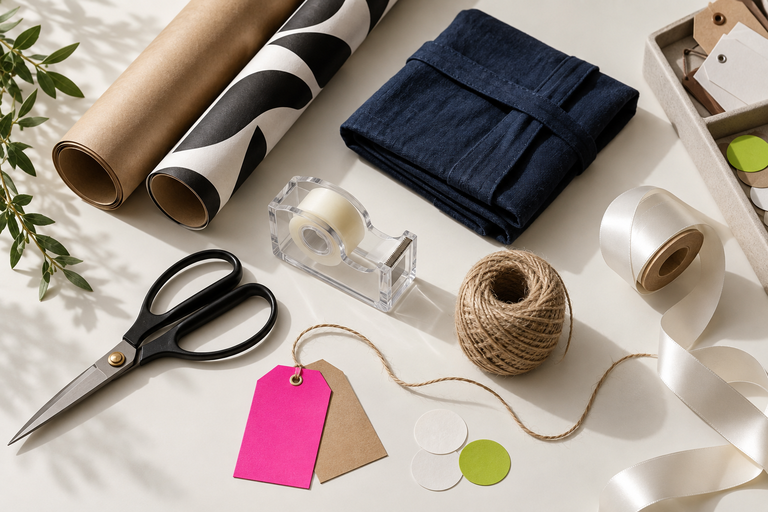 A practical wrapping drawer with scissors, tape, paper, cloth, ribbon, twine and tags