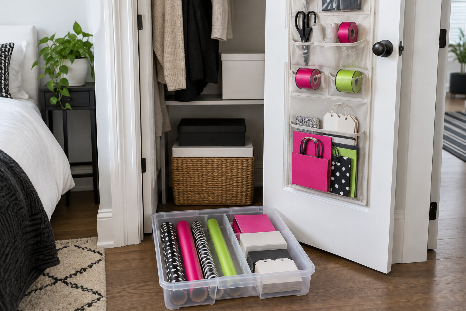 Wrapping paper, ribbons, gift bags and tools organized in a narrow closet and compact clear storage case